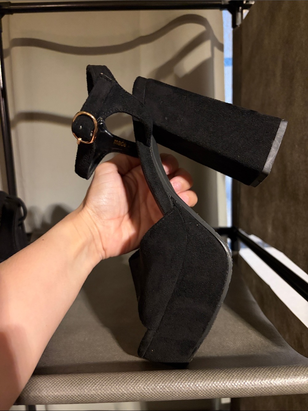 Suede Black Platform Block Heel Sandals with Ankle Strap - Picture 3 of 11